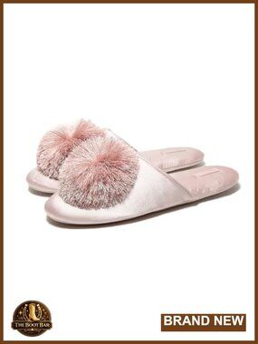 Satin Slide Slippers for Women with Pompom Soft House Shoes